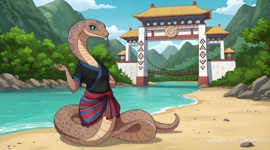 图中小蛇灵动的眼眸看向镜头，晃动着脖子和尾巴很可爱，固定镜头拍摄，微风吹过 by Hailuo AI Video Generator