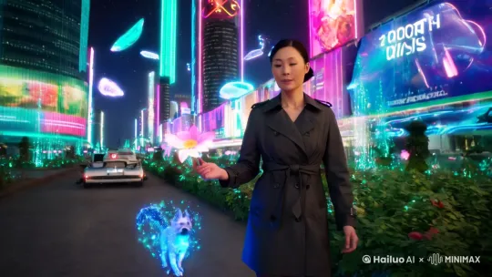 在遥远的2099年，繁华都市被霓虹灯光与量子信息流交织笼罩 。一位身着半透明纳米材质风衣的亚裔女性，利落短发在脑后束起，露出白皙脖颈与精致锁骨，眼神坚定且灵动。她漫步于漂浮空中、由生物发光植物铺就的街道，身旁悬浮着小巧的机械宠物，闪烁着柔和蓝光，尾巴如灵动光纤。
 
街道旁，巨大的全息广告屏播放着星际旅行的绚丽宣传片，与四周如梦似幻的发光植被相互映衬。远处，反重力汽车如流星般穿梭于错落有致的摩天大楼间，大楼表面由智能变色玻璃构成，此刻正变幻出绮丽色彩，与城市中的生物荧光交相辉映。
 
空气中弥漫着清新的草木香气与科技特有的能量波动。女性伸手触摸身旁一朵散发着幽绿光芒的悬浮花朵，花瓣瞬间如电子烟花般散开，化作一串二进制代码，在她指尖萦绕闪烁。 by Hailuo AI Video Generator
