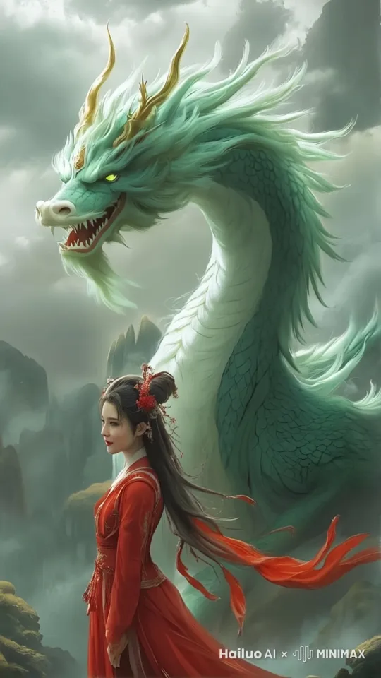 青龙轻微地晃动，美丽的女孩，看着镜头，挥手道别， by Hailuo AI Video Generator