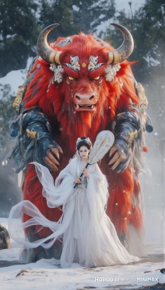 1牛魔王，1美丽的公主向观众走近，风雪，电影效果， by Hailuo AI Video Generator