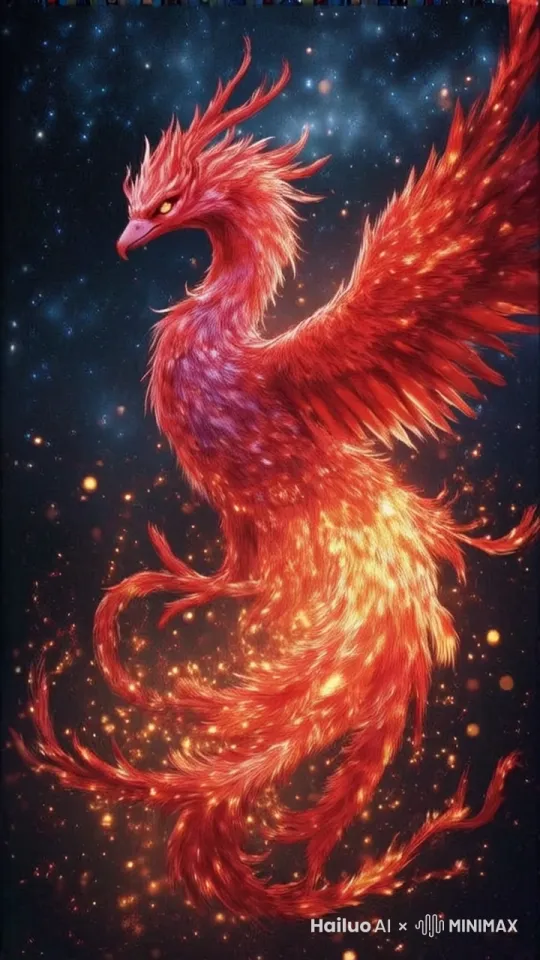 1凤凰，浑身散发火焰的光芒，挥舞翅膀，转身飞翔，象征着涅槃重生 by Hailuo AI Video Generator