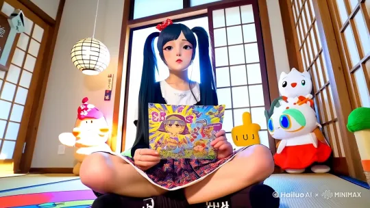 在温馨的日式卡通风格房间内，动漫女孩坐在榻榻米上，穿着日本JK 裙子，双马尾，天真可爱，手中拿着一封色彩鲜艳的科幻邀请信。镜头从低角度仰拍，周围是充满日式风情的装饰和柔和的自然光线，气氛欢乐，8K电影级 by Hailuo AI Video Generator