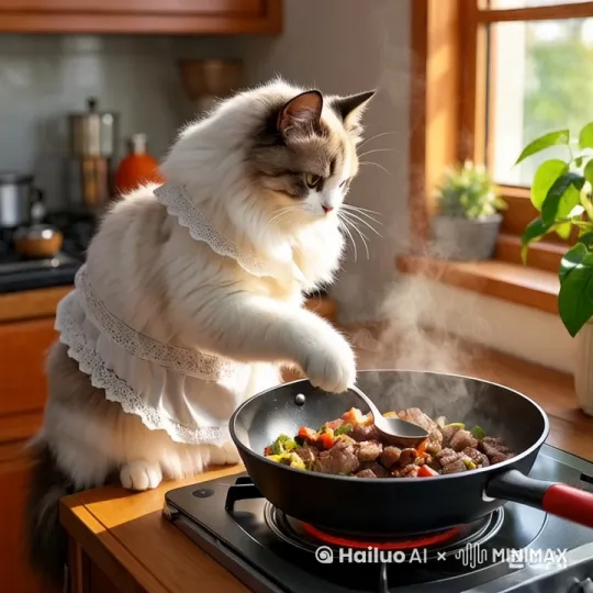 图片中的布偶猫正在拿勺翻炒着锅里的牛肉 by Hailuo AI Video Generator