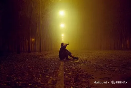 落叶缓缓的飞舞，人喝着酒，落叶成了灯光确实更亮了 by Hailuo AI Video Generator