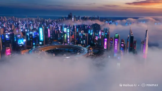 镜头1：远景 - 无人机视角
镜头从高空缓缓下降，穿过薄薄的云层，展现出“新曙光”城市的全貌。城市被无数高耸入云的摩天大楼包围，建筑表面覆盖着动态的全息广告，流光溢彩。空中，无数飞行器按照既定的航道有序穿梭，像一群忙碌的蜜蜂。镜头继续下降，聚焦在中央交通枢纽——一个巨大的圆形平台，悬浮在离地数百米的空中。 by Hailuo AI Video Generator