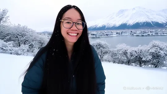 主体身材很高挑健康，在北海道大雪里面，很开心的看着镜头，手里一捧雪，看着镜头扬开，雪打到屏幕上视频结束 by Hailuo AI Video Generator