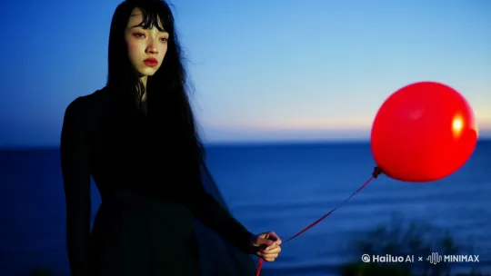  黄昏时分的海边，天空呈现出深蓝色，太阳即将沉入海平面。女主（穿着黑色长裙）手持一个鲜红的气球，气球在风中轻轻摇曳。她的脸上带着一种神秘而严肃的表情。拍摄方法： 使用长焦镜头，聚焦于女主的脸部和手中的气球，背景虚化以突出主体。
提示词内容重点： 女主的神秘表情，气球的鲜红色与周围环境的对比，营造出一种期待和神秘的氛围。 by Hailuo AI Video Generator