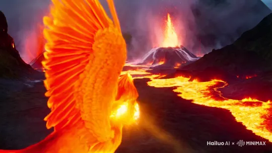 在 8K 超高清的画面中，一片炽热的火山区域，滚滚岩浆翻腾，喷射出耀眼的火光。朱雀振翅高飞，它的身躯被烈焰包裹，仿佛是由火焰铸就。
朱雀的羽毛如同燃烧的烈焰，每一根都闪耀着橙红色的强光，光线交织在一起，形成一片璀璨的火海。它的眼睛犹如两颗燃烧的太阳，喷射出炽热的金色光线，仿佛能将一切都熔化。
当朱雀鸣叫时，口中喷出的火焰化作一道道炫目的光线，直冲云霄，照亮了整个火山天空。它的翅膀扇动，带起一阵狂暴的火焰旋风，光线在旋风中扭曲缠绕，犹如末日的景象。
背景是喷发的火山和流淌的岩浆，强烈的光线和高温让这片区域成为了一片炼狱。 by Hailuo AI Video Generator