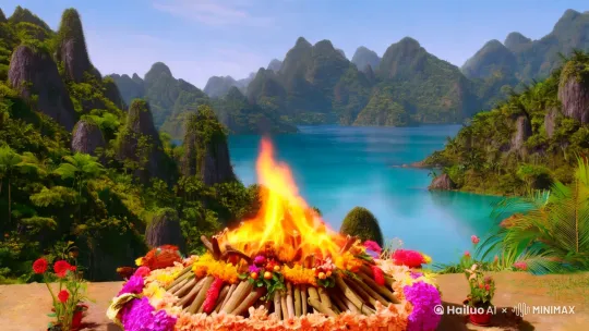 在一个山青水秀的仙境里，点燃了由鲜花香木做成的燃烧台，一只五彩绚丽的凤凰从跳动烈火的燃烧台中扑扇着翅膀飞出。 by Hailuo AI Video Generator