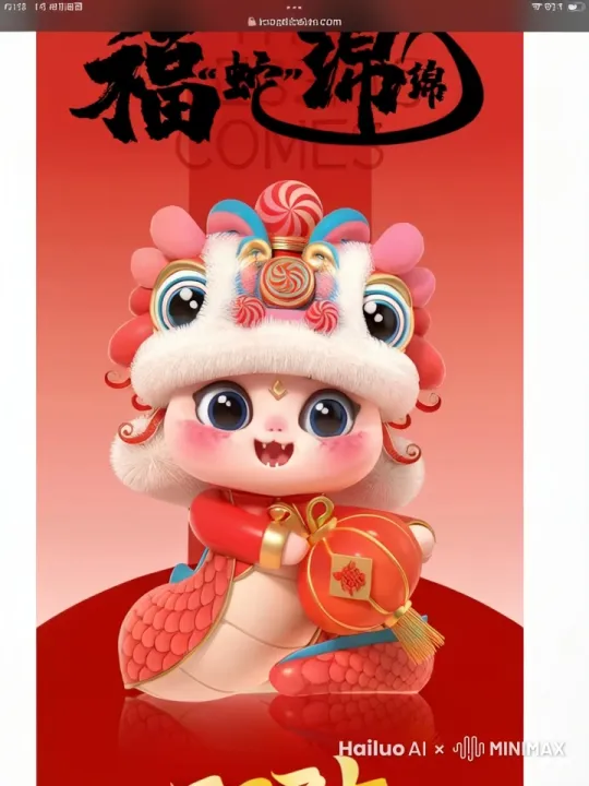 一条小蛇，穿着红袍尾巴挂着灯笼爬到一个写着2025蛇年大吉的舞台上，给大家拜年 by Hailuo AI Video Generator