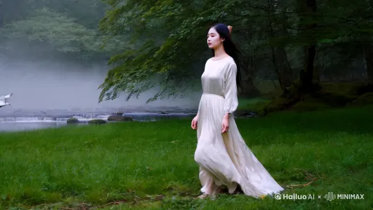 薄雾轻笼，林深似梦，二十芳华的她，款步踏入这片幽谧之境。
 
少女一袭月白罗裙，恰似流霜倾洒，每一步都踏出诗意。她的眼眸，比朝露更清透，顾盼间，神采照人，风情万种，情感诱人，流波频传，眉目传情。如云乌发，仅以一支木簪松松挽起，几缕碎发垂落在白皙颈边，更添几分楚楚之态。风吹起了她的衣服和袖子 ，和她的头发
 
忽而，一湾澄澈溪水映入眼帘。溪水潺潺流淌，似在低吟浅唱，溪水中飞起几只白色的鸟，飞向天空。她莲步轻盈行走在碧绿草地上，三只小鹿从她身边跑过。淡淡白雾从她身边飘过。
 
此刻，微风拂过，雾气氤氲，枝叶摇曳。她的身影在这水与林交织的朦胧之境中，如梦似幻，宛如误入人间的仙子，美得令人心醉神迷 。 by Hailuo AI Video Generator