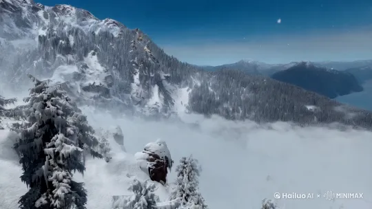 纪实摄影风格，大师级运镜捕捉了一场震撼人心的雪灾景象。高山被厚重的积雪覆盖，大雪纷飞，每一朵雪花都仿佛在诉说着自然的力量。镜头从远距离缓缓推进，展现了雪灾的全貌，随后聚焦到被冰雪包裹的树木和岩石上，展示了灾害的细节。画面中，风雪交加，能见度极低，远处山峰隐约可见。中远景，运用了推拉镜头技巧，高细节呈现，符合逻辑的自然现象描绘。 by Hailuo AI Video Generator