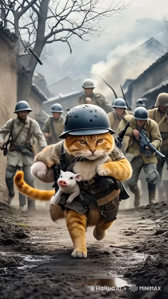 一只橘猫咪头戴黑色头盔，身穿破旧的军装，腰间挂着枪，一副鬼子进村模样，左手抱着一只小猪，右手抓着一只公鸡，在土路上奔跑，身后有一群穿着破旧军装、戴着头盔、手持长枪的鬼子在追赶，背景是老旧的村庄建筑和树木，写实风格，橘猫在拍戏。 by Hailuo AI Video Generator