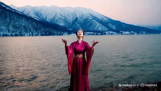 中國美女巫師站在白雪紛飛天山天池旁, 雙手舉起,  天池水平面起巨型浪花, 卷上天了 by Hailuo AI Video Generator