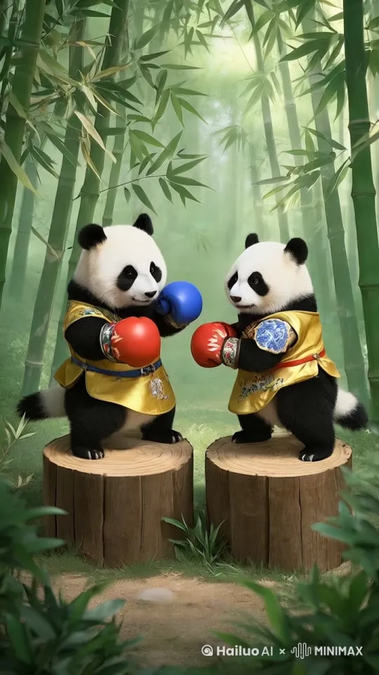只见那只神情严肃的熊猫率先发动攻击,它高高跃起,挥动戴着拳击手套的小爪子,使出一记有力的直拳,狠狠砸向木桩。而那只活泼的熊猫则灵活地侧身一闪,紧接着快速转动身体,以迅雷不及掩耳之势来了一记勾拳,击打在自己面前的木桩上。严肃的熊猫紧接着一个回旋踢,却因重心不稳,踉跄了几步。活泼的熊猫见状,趁机连续出拳,打得木桩微微晃动。严肃的熊猫站稳后,猛地向前冲,用头部撞击木桩,然后迅速跳开,再次挥拳。两只熊猫你来我往,拳速越来越快,动作越来越激烈,它们的身影在竹林中穿梭,与飘落的竹叶相互交织,形成一幅充满活力的画面。 by Hailuo AI Video Generator