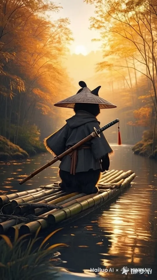 顺着江水慢慢前行，猫咪站着不动 by Hailuo AI Video Generator