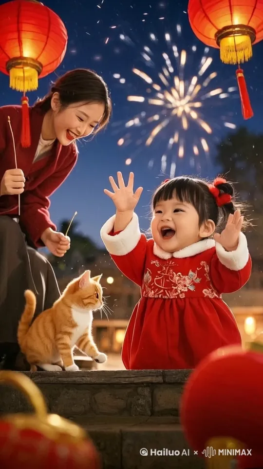 娃娃开心跳起来美女呵呵笑 小黄猫跳来跳去 一个新年开心快乐的气氛。超高清，超高分辨率电影版 by Hailuo AI Video Generator