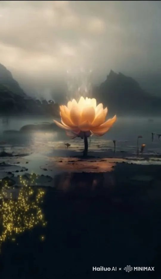 This is a digitally created, surrealistic artwork depicting a serene, mystical scene. The central focus is a large, luminous, yellow lotus flower, its petals gently unfurled, rising from the dark, reflective surface of a tranquil lake. The lotus is ethereal, almost glowing, with a soft, otherworldly aura. Surrounding the flower, the lake is calm, with a few lily pads and reeds scattered across its surface. In the background, mist-shrouded mountains rise, their peaks obscured by the dense, rolling fog, adding a sense of mystery and tranquility. The sky above is overcast, with dark, moody clouds, contributing to the serene yet slightly ominous atmosphere. To the left, there are faint, golden fairy lights, adding a touch of enchantment and magic to the scene. The overall color palette is dominated by cool grays and muted greens, with the warm glow of the lotus flower and fairy by Hailuo AI Video Generator