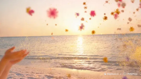 海边沙滩，夕阳，蹦出鲜花、雪花、水花、金花、火花四溅画面色调自然色彩明亮，氛围可爱欢快，写实风格 by Hailuo AI Video Generator