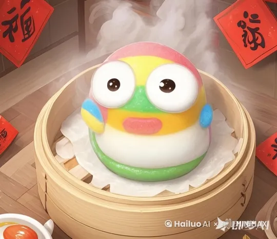 蒸笼冒着热气，卡通角色大眼睛眨一眨、微笑 by Hailuo AI Video Generator