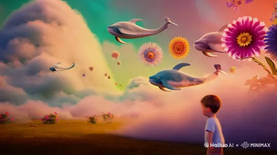一个充满奇幻色彩的世界。这个世界有着五彩斑斓的天空，飘浮的云朵中藏着各种奇妙的生物，如会飞的鲸鱼、会唱歌的花朵等。一个小男孩在里面兴奋地走着 by Hailuo AI Video Generator
