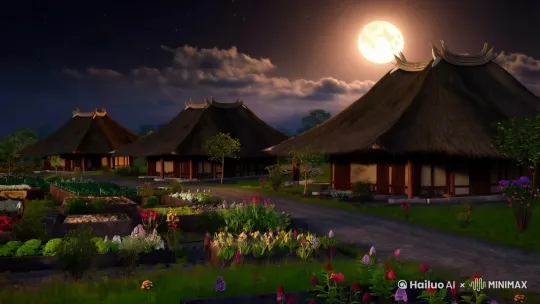摄影写实风格，远景，中国夜晚的乡村田园，两三间茅草屋舍透出灯光，乡村小路，路边菜园，小树小花，远处天空是一轮月，几个孤星、一点点云，中式意境，静谧，安逸，丰富的细节，16K，大师级构图。 by Hailuo AI Video Generator