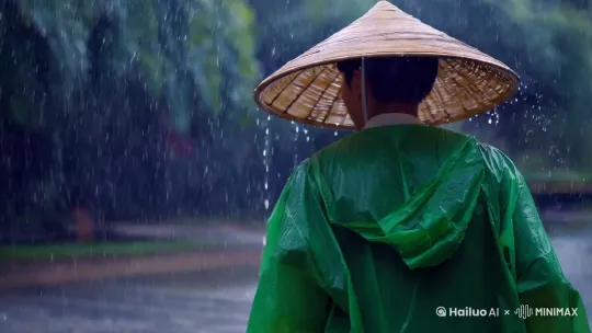 雨幕中，竹斗笠，青蓑衣，年轻人的背影渐渐远去。 by Hailuo AI Video Generator