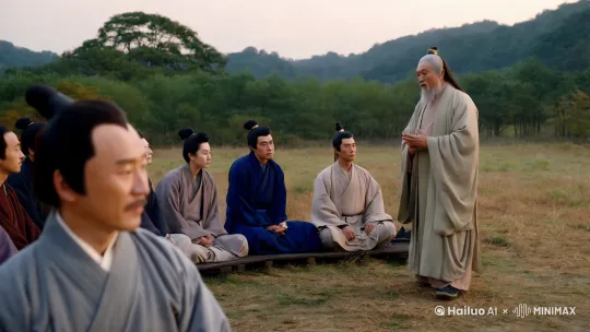 著名大教育家孔子在一片空旷的场地给他的弟子讲授仁义礼智信的思想，所有的弟子在认真的聆听老师的教诲，表情庄重，时而感悟状，时而兴奋状，一团和谐的教学景象 by Hailuo AI Video Generator