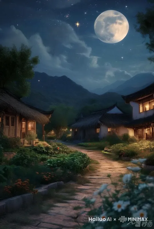 摄影写实风格，远景，中国夜晚的乡村田园，两三间茅草屋舍透出灯光，乡村小路，路边菜园，小树小花，远处天空是一轮月，几个孤星、一点点云，中式意境，静谧，安逸，丰富的细节，16K，大师级构图。 by Hailuo AI Video Generator