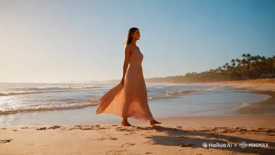 一位美丽的女士，行走在沙滩上 by Hailuo AI Video Generator