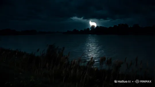 - 镜号:1
- 景别:全景
- 画面描述:夜色如墨,老旧的河边被黑暗笼罩。河边芦苇在风中剧烈颤抖,天空中乌云密布,仅有一丝微弱月光艰难穿透,洒在泛着幽冷光芒的河面上。
- 台词/旁白:旁白:“在那昏沉得如同被墨汁浸染的夜色里,老旧的河边弥漫着一股死亡般的寂静。 by Hailuo AI Video Generator