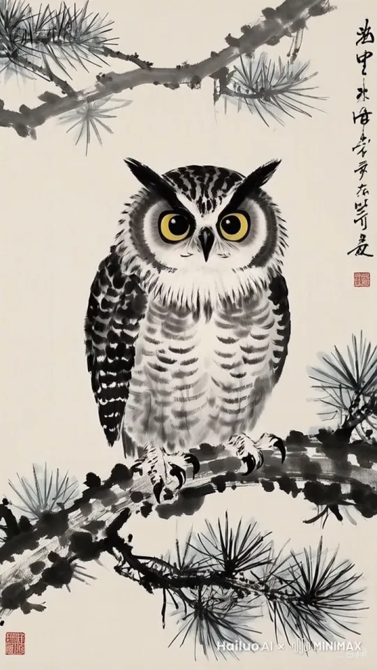 猫头鹰站在松树枝上,转动头部,一只眼睛闭上又睁开,耸动翅膀羽毛,微风吹动松树叶 by Hailuo AI Video Generator