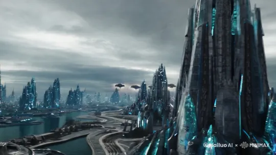 灰暗的天空下，庞大的未来都市轮廓矗立，建筑如冷峻的钢铁巨兽，金属光泽冰冷刺骨。城市边缘，能量护盾闪烁微光，防御工事蜿蜒延伸。远方，敌军的机械舰队如乌云般压境，巨型战舰周身环绕着诡异的能量流，无数小型战机穿梭其中，如蜂群般密集。 by Hailuo AI Video Generator