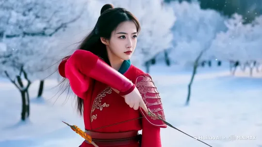 古代一个女孩子身穿漂亮的红色戎衣，大雪漫天，吹拂着长发，拉弓放箭，威风凛凛，饱和光线，4k超清， by Hailuo AI Video Generator