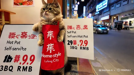 在禄丰市繁忙的大街中央，有一家中文名为"家常便饭自助涮烤店"的餐厅。餐厅的门口，一只可爱的小猫咪吸引了路人的目光。它穿着一件红色的围裙，围裙上醒目地印着中文"家常便饭"四个大字，显得格外俏皮。

小猫咪用两只前爪稳稳地举着一个牌子举过头顶，上面清晰地写着中文：

自助火锅：29.9元
自助火锅+烧烤：39.9元

这个价格标签醒目地展示着餐厅的优惠信息，吸引着过往的行人。小猫咪站在门口，像是一个热情的小迎宾员，用它那萌萌的样子为餐厅招揽顾客。 by Hailuo AI Video Generator