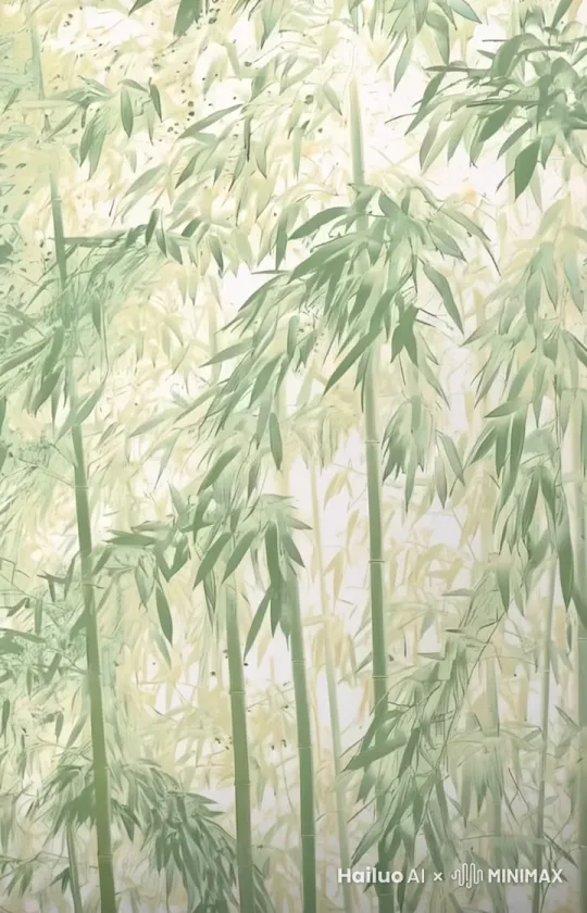 一阵风吹过，图中的竹子随着风摇曳，下雪了 by Hailuo AI Video Generator