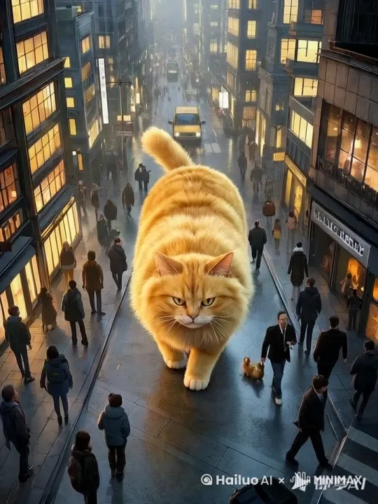 猫正在向镜头前方走来，面部表情威严，每走一步，地动山摇，4K高清画质 by Hailuo AI Video Generator