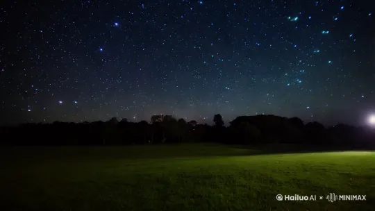 夜晚星空全是星光，在草坪上，风轻轻吹过，天上泛发着星光，视频8k超高清，电影质感，10秒左右 by Hailuo AI Video Generator