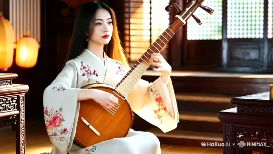 一个美丽女孩子，身穿素淡精美锦绣汉服，在弹琵琶，在古代中国家里，饱和光线，电影光效，4k高清， by Hailuo AI Video Generator