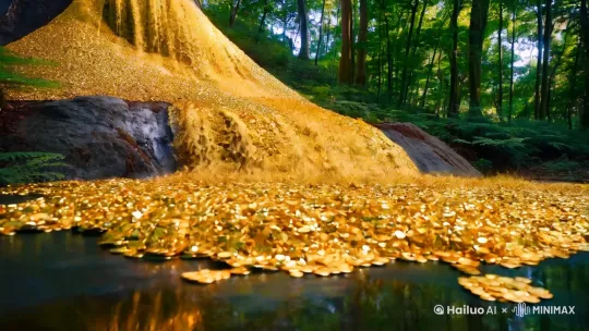 在森林里，一座火山源源不断的往外喷金币，金币堆成了小山，在森林里金币像河流一样由远流近 by Hailuo AI Video Generator