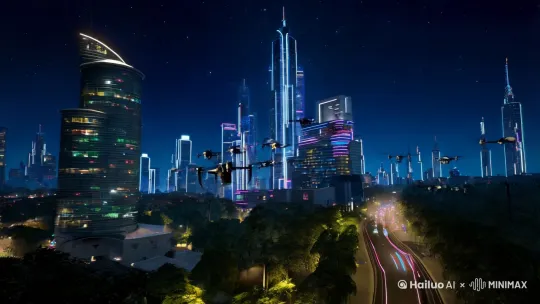 "创造一段未来都市的夜景动画，其中包含着高科技的摩天大楼、繁忙的无人机交通、以及一个神秘的AI机器人在城市中漫步。机器人拥有发光的眼睛，它能与周围的环境互动，比如通过触摸墙壁来改变墙面的灯光颜色，或者通过手势控制周围的无人机。视频应该有未来感的背景音乐，以及流畅的动画效果，让人感受到科技与人类生活的完美融合。" by Hailuo AI Video Generator