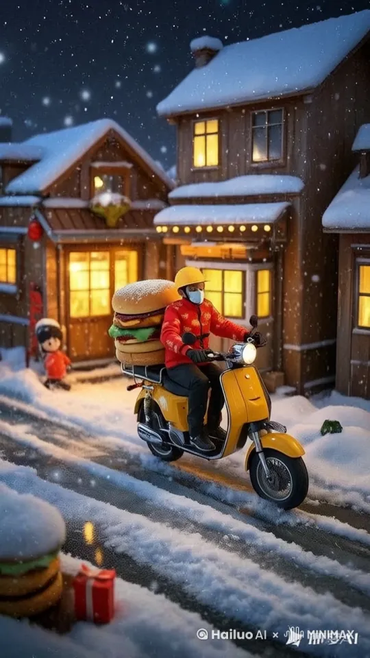 下着大雪，外卖员骑电动车送着外卖，天空烟花绽放，小朋友在放鞭炮 by Hailuo AI Video Generator