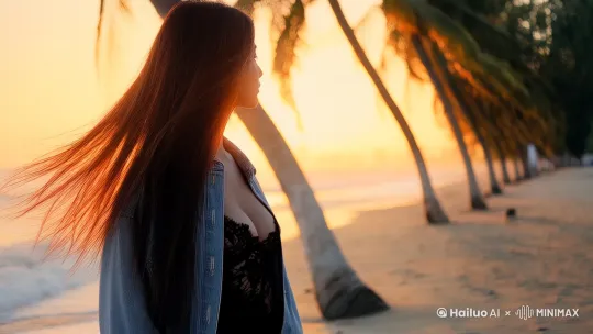 一位长发美女站在夕阳下的海滩上，海风轻拂她的秀发。她身穿黑色蕾丝吊带背心，外搭一件敞开的牛仔夹克，展现出随性而性感的风格。背景是金色的落日余晖，天空被染成温暖的橙红色，几棵高耸的棕榈树随风摇曳。镜头缓缓从她的侧面移动到正面，捕捉她凝视远方的神情，眼神中流露出一丝忧郁。海浪轻轻拍打着沙滩，夕阳的光线在她的肌肤和头发上跳跃，营造出一种梦幻而浪漫的氛围。视频风格为电影质感，画面色彩丰富，光影效果柔和，声音伴随轻柔的海浪声和远处的棕榈树叶沙沙声。 by Hailuo AI Video Generator