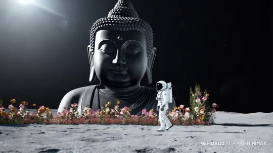 月球上的黑色巨大佛头，宇航员与佛头对视，佛头开出花 by Hailuo AI Video Generator