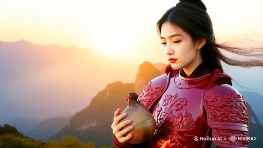 古代一个女孩子，身穿漂亮的红色戎衣，夕阳西下，微风吹拂着长发，在山顶，其中一只手拿着葫芦喝水，望向远方，饱和光线，电影光效，4k超清， by Hailuo AI Video Generator