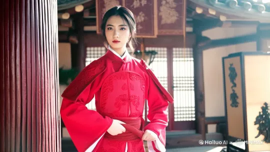 一个漂亮女孩子，把红色戎衣束缚好腰带，在古代中国的家里，饱和光线，电影光效，4k超清 by Hailuo AI Video Generator