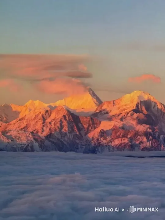 贡嘎雪山，日照金山，云海，人物徒步，马，牛 by Hailuo AI Video Generator