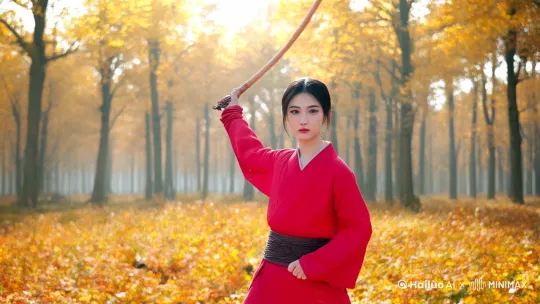 古代一个女孩子身穿漂亮的红色戎衣，秋天的黄叶林，挥舞短柄长鞭，威风凛凛，饱和光线，电影光效，4k超清， by Hailuo AI Video Generator