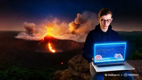 在这片火山活跃的土地上，一位年轻的男性作家坐在岩石上，他的眼神透过圆框眼镜透露出专注的光芒。他手中的银色笔记本电脑屏幕闪烁着明亮的蓝光，仿佛是一扇通往另一个世界的窗口。代码像金色的溪流在屏幕上滚动，突然，一只火红的凤凰由代码编织而成，从屏幕中振翅飞出，它的羽翼在夜空中划过一道道炫目的光芒。背景是壮观的火山群，熔岩涌动，烟雾袅袅上升，与点点星空交织成一幅动人的画面。摄像机以纪实摄影的风格，中景捕捉这一幕，火山口作为前景，作家位于画面中央，他的身影与这片自然景观融为一体，展现出一种超脱现实的创作激情。 by Hailuo AI Video Generator