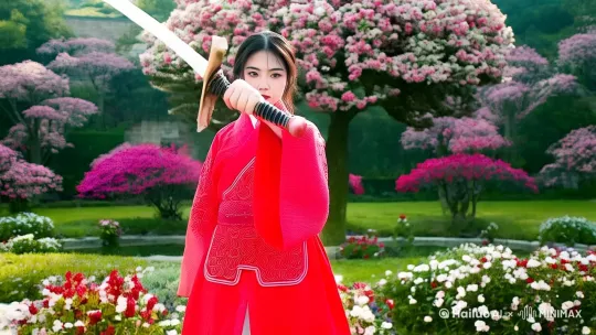 古代一个女孩子身穿漂亮的红色戎衣，夏天的江南园林，1手耍剑法，威风凛凛，饱和光线，电影光效，4k超清， by Hailuo AI Video Generator